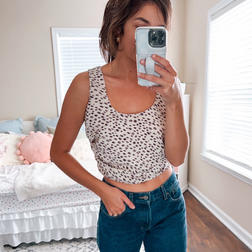 (kittenish) cream, purple, brown dot leopard crop ruched sides tank top